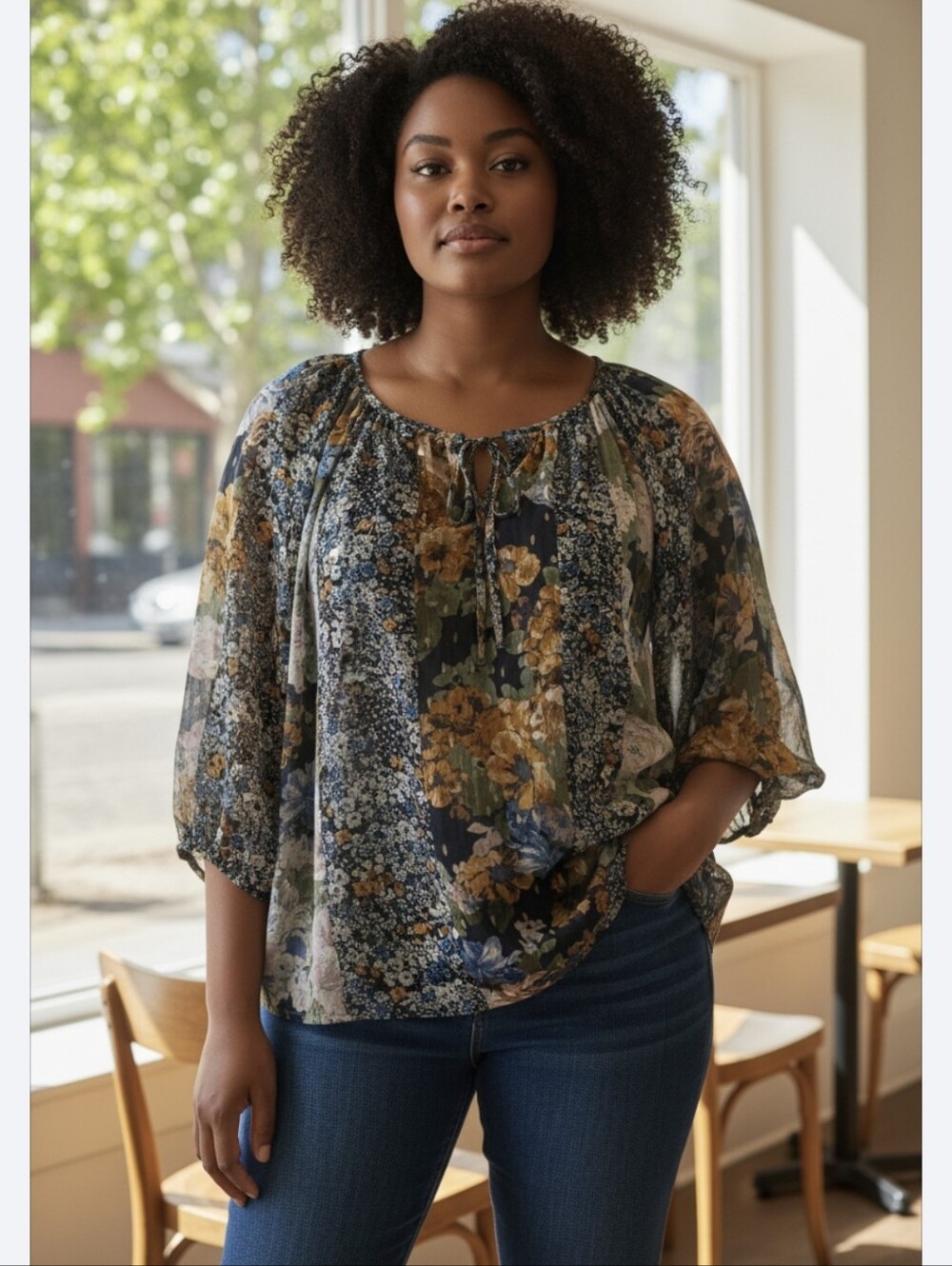 Anthropologie Fig And Flower , Navy Floral Peasant Blouse  2xl